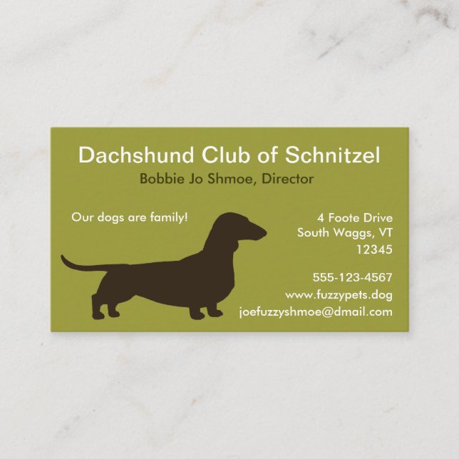 Dachshund Silhouette | Pet Wiener Hund | Weenie Hu Visitkort (Framsida)