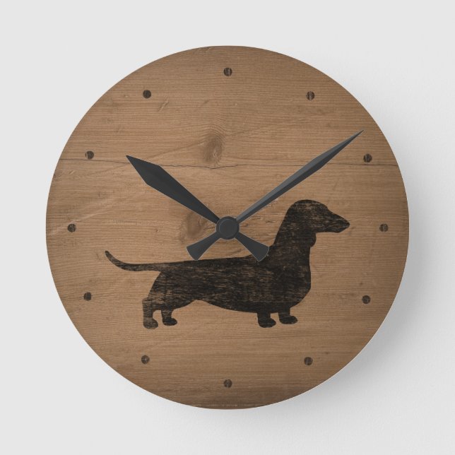 Dachshund Silhouette Rustic Stil Rund Klocka (Framsida)