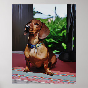 Dachshund Sits på porten till Land House Birthday Poster
