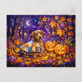 Dachshund sittande bland pumpor under höstnatten vykort