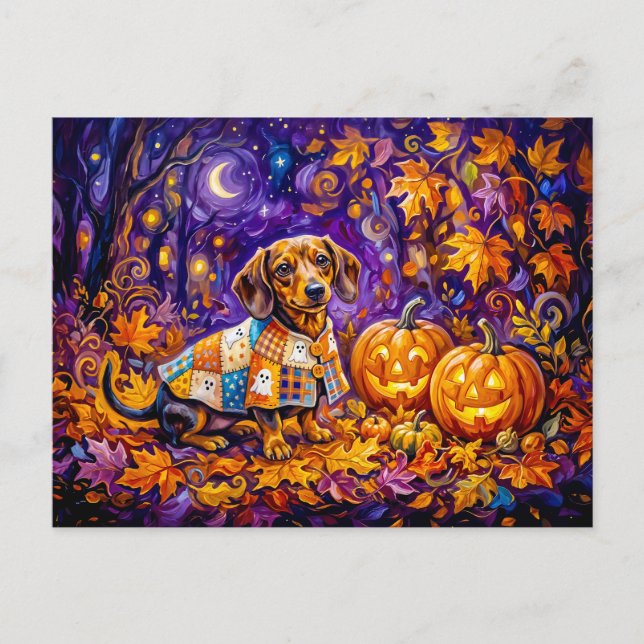 Dachshund sittande bland pumpor under höstnatten vykort (Framsida)
