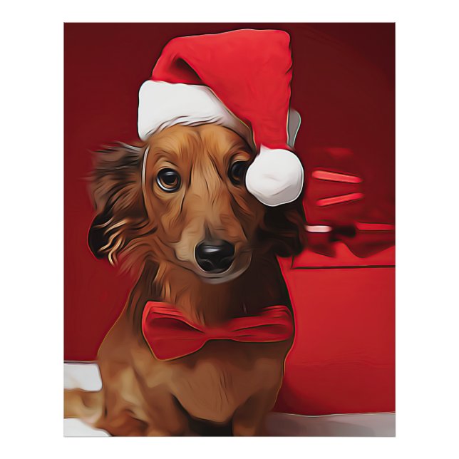 Dachshund sittande framför en julpresent Pos Fototryck (Framsidan)