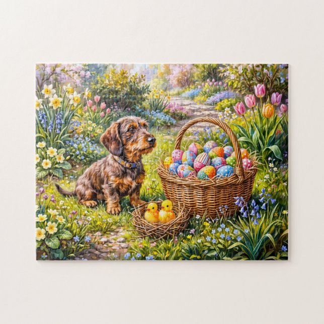 Dachshund sittande med påskkorg i trädgården pussel (Horisontell)