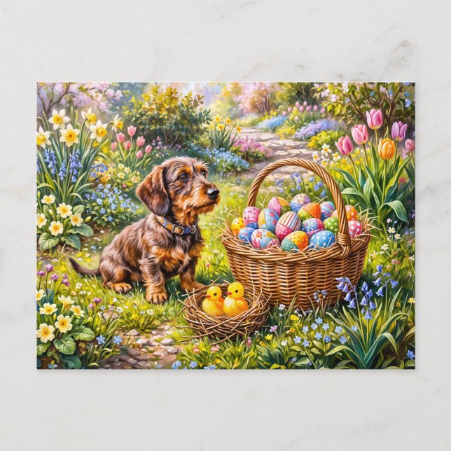Dachshund sittande med påskkorg i trädgården vykort (Framsida)