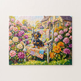 Dachshund sittande på en blomsterträdgårdsbänk sce pussel