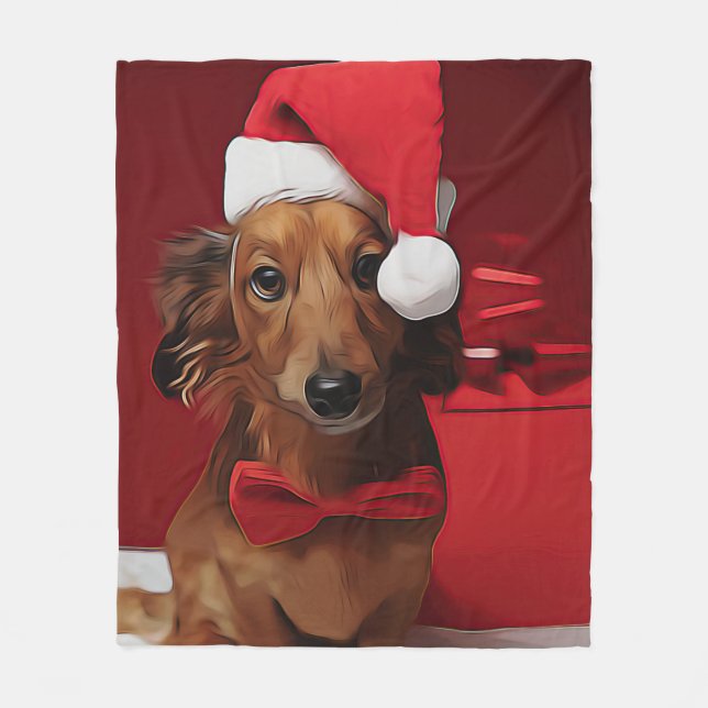 Dachshund Sitting In Front Of A Christmas Gift Pos Fleecefilt (Framsidan)