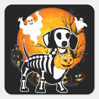 Dachshund Skeleton Halloween Lycklig Pumpkin Gift Fyrkantigt Klistermärke