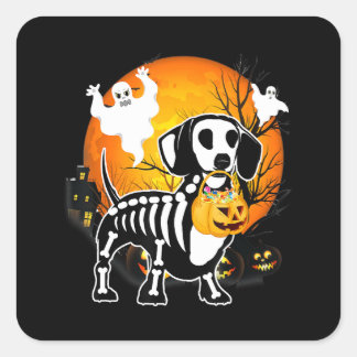 Dachshund Skeleton Halloween Lycklig Pumpkin Gift Fyrkantigt Klistermärke