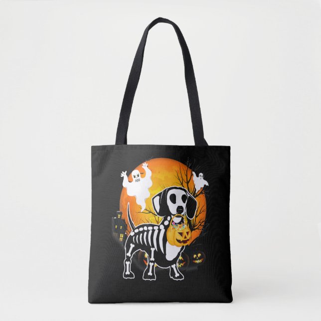 Dachshund Skeleton Halloween Lycklig Pumpkin Gift Tygkasse (Framsida)