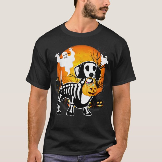 Dachshund Skeleton Halloween Lycklig Pumpkin T Shirt (Framsida)
