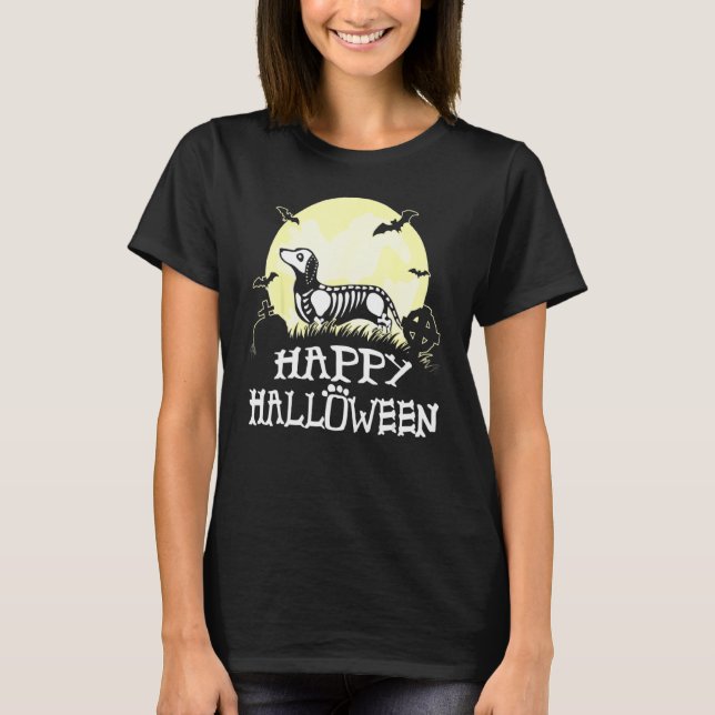 Dachshund Skeleton Halloween Lycklig Pumpkin T Shirt (Framsida)