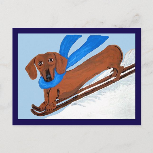 Dachshund skidåkning vykort (Framsida)