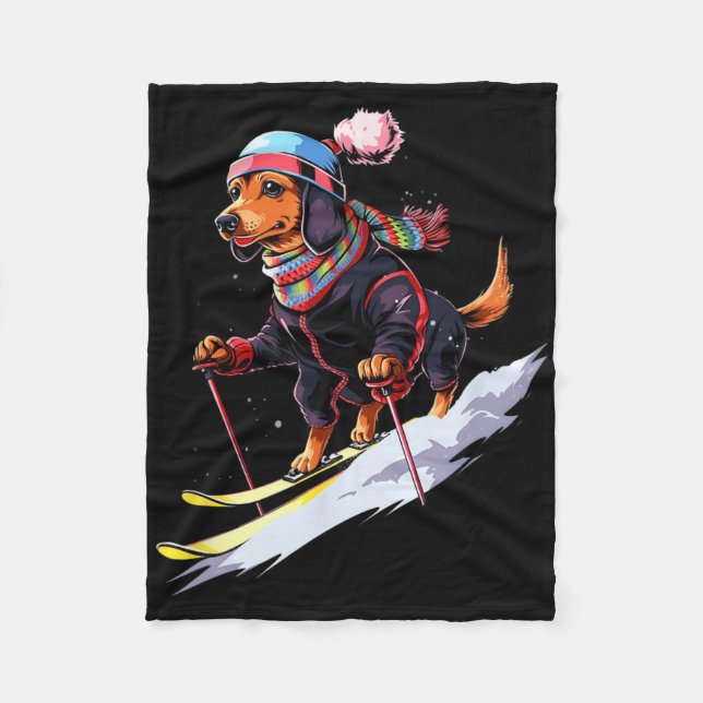Dachshund Skiing Hund Skier Ski Winter Snö Manar W Fleecefilt (Framsidan)
