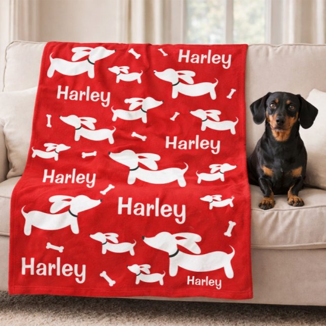 Dachshund skräddarsydd röd filt för wienerhundar  (Personalized dachshund blanket - red)