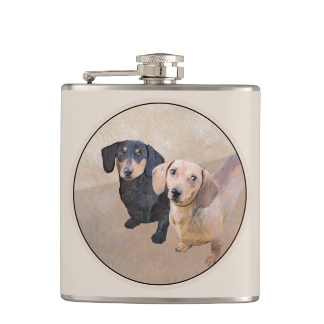 Dachshund (Slät) Målning - Original Hund Konst Fickplunta (Framsidan)