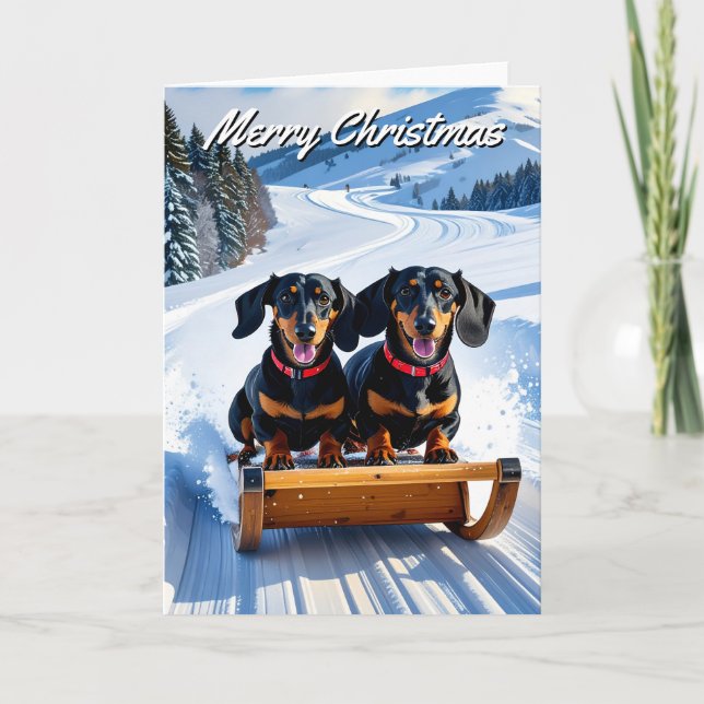 Dachshund Sled Ride jul Kort (Framsida)