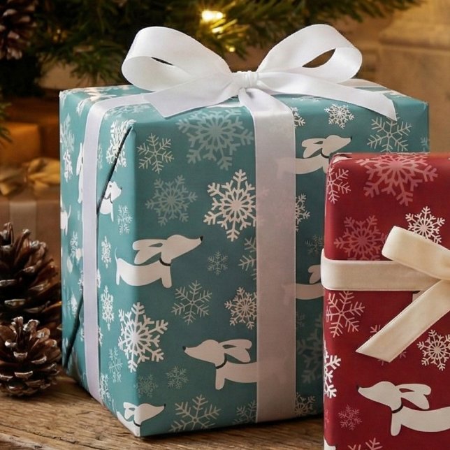 Dachshund Snöflingor Teal jul Gift Wrap Presentpapper (Teal sausage dog and snowflakes wrapping paper)