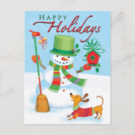Dachshund Snögubbe Glad helg Red Bird Postcard Vykort