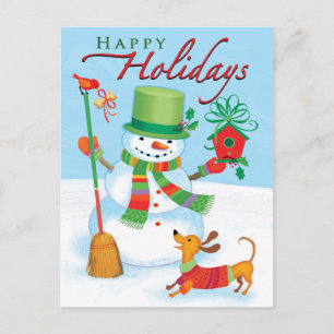 Dachshund Snögubbe Glad helg Red Bird Postcard Vykort