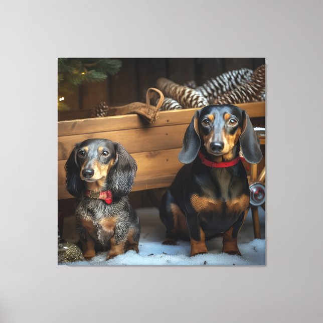 Dachshund Snöig Släd Jul Dekoration Canvastryck (Framsida)