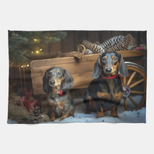Dachshund Snöig Släde Juldekoration Kökshandduk