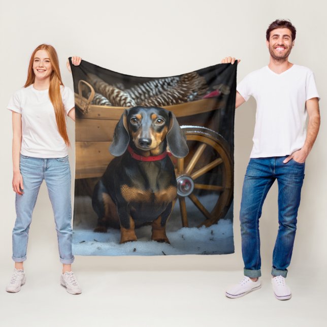 Dachshund Snowy Sleigh-juldekretet Fleecefilt (På plats)