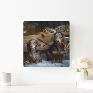 Dachshund Snowy Sleigh-juldekretet Fyrkantig Klocka