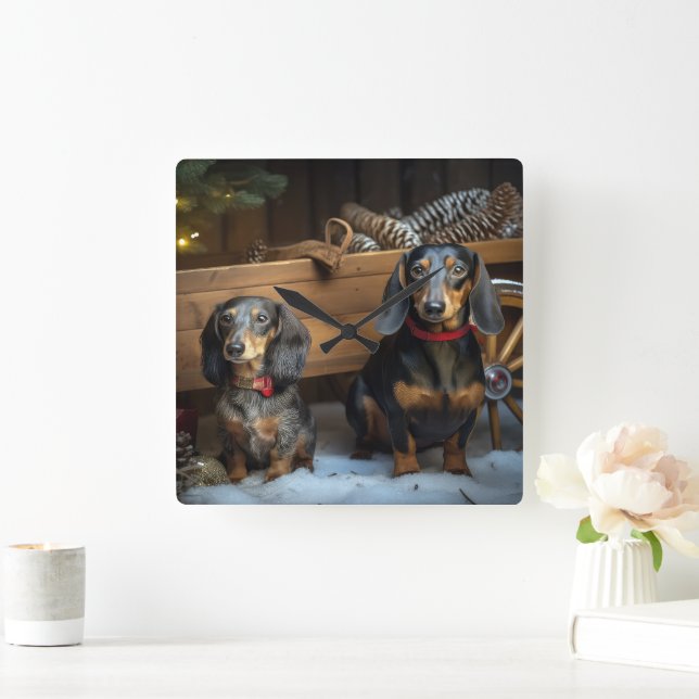 Dachshund Snowy Sleigh-juldekretet Fyrkantig Klocka (Hem)