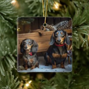 Dachshund Snowy Sleigh-juldekretet Julgransprydnad Keramik