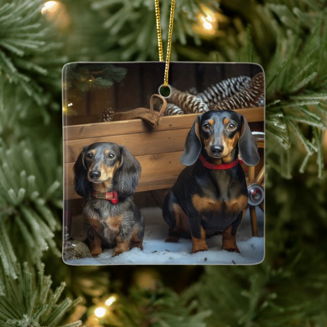 Dachshund Snowy Sleigh-juldekretet Julgransprydnad Keramik (Träd)