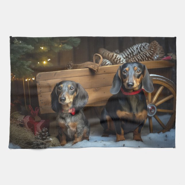 Dachshund Snowy Sleigh-juldekretet Kökshandduk (Horisontell)