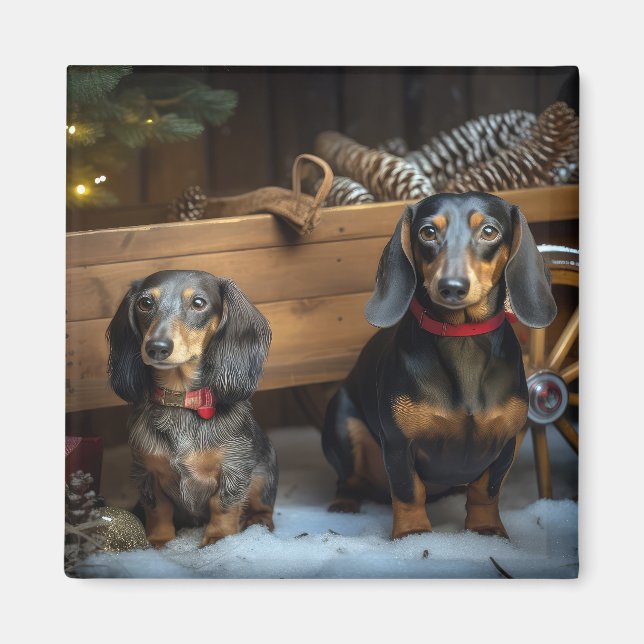 Dachshund Snowy Sleigh-juldekretet Magnet (Framsidan)