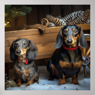 Dachshund Snowy Sleigh-juldekretet Poster