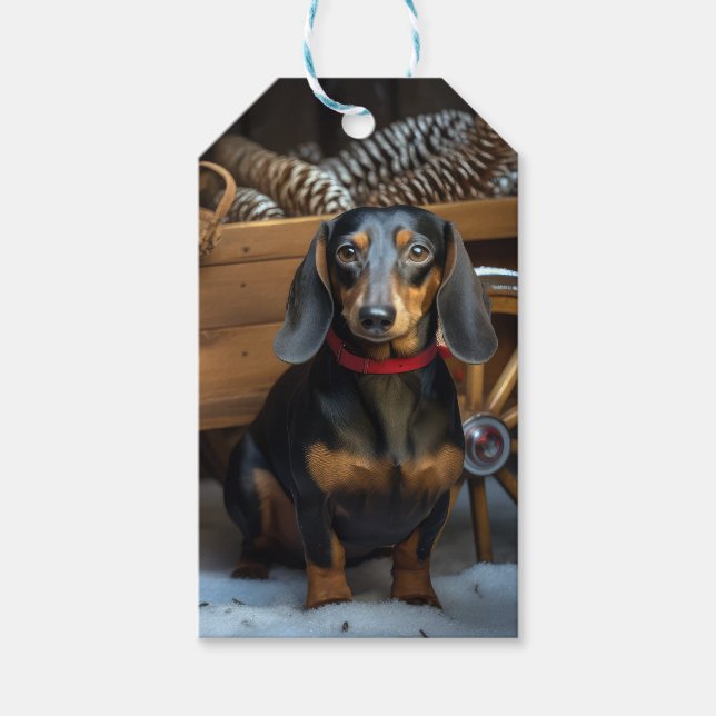 Dachshund Snowy Sleigh-juldekretet Presentetikett (Framsidan)