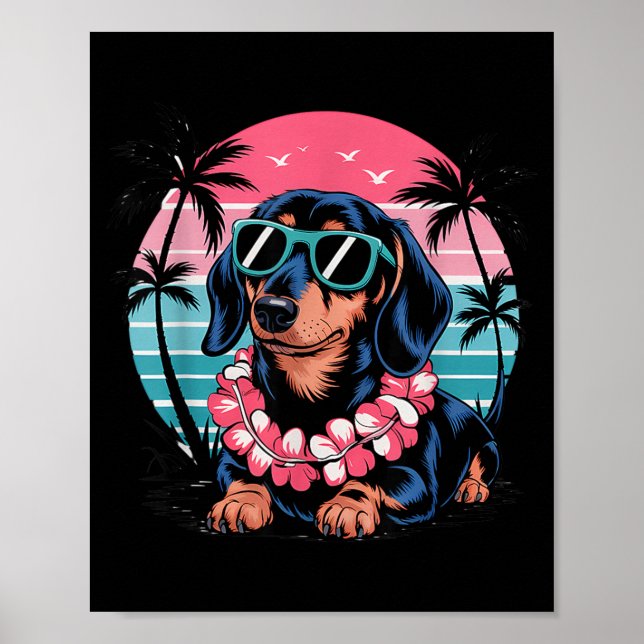 Dachshund Solnedgång Hawaii Sommarstil Poster (Framsidan)