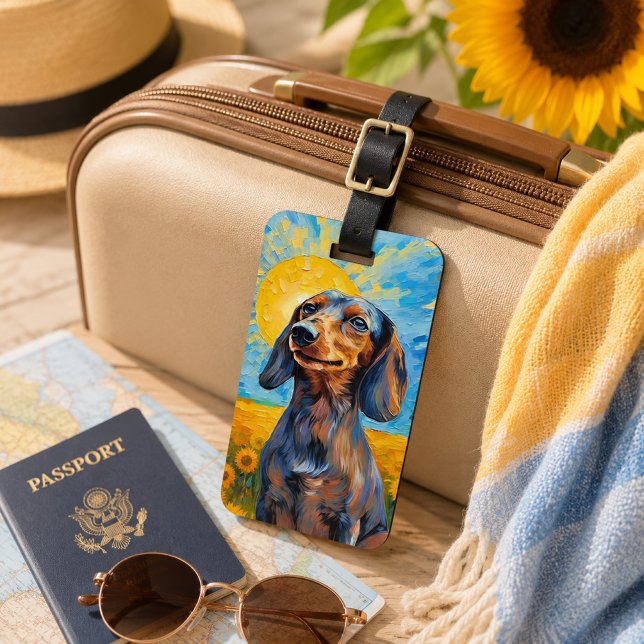 Dachshund Solsken & Solrosor Van Gogh Stil Bagagebricka (Dachshund Sunshine & Sunflowers Van Gogh Style Luggage Tag)