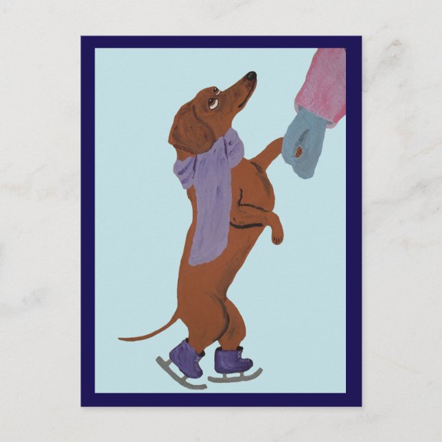 Dachshund som åker is med sin mamma vykort (Framsida)