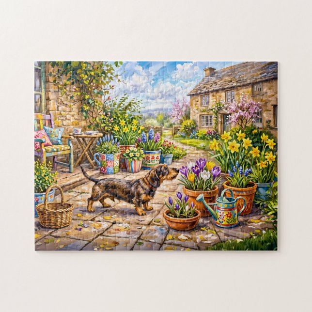 Dachshund som går genom färgglatt blomsterpatio Ga Pussel (Horisontell)