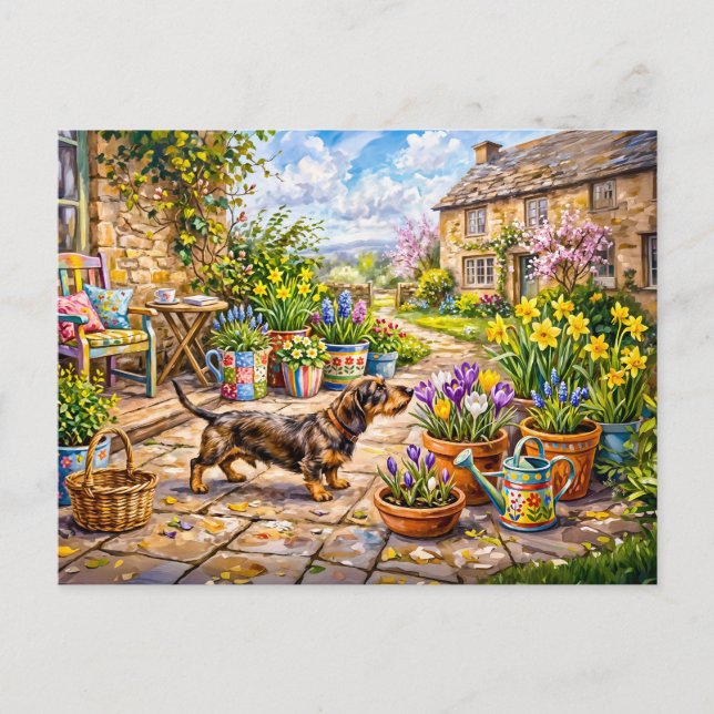 Dachshund som går genom färgglatt blomsterpatio Ga Vykort (Framsida)