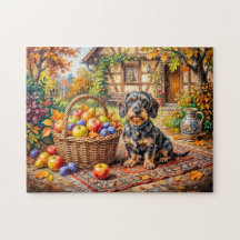 Dachshund som sitter bredvid fruktkorg höstgård