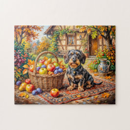 Dachshund som sitter bredvid fruktkorg höstgård pussel