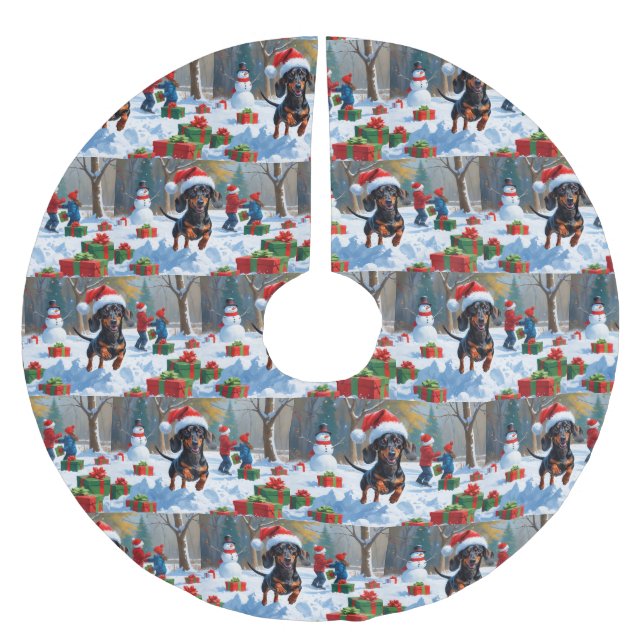 Dachshund som springer i Snö med julklapp Julgransmatta Borstad Polyester (Framsidan)