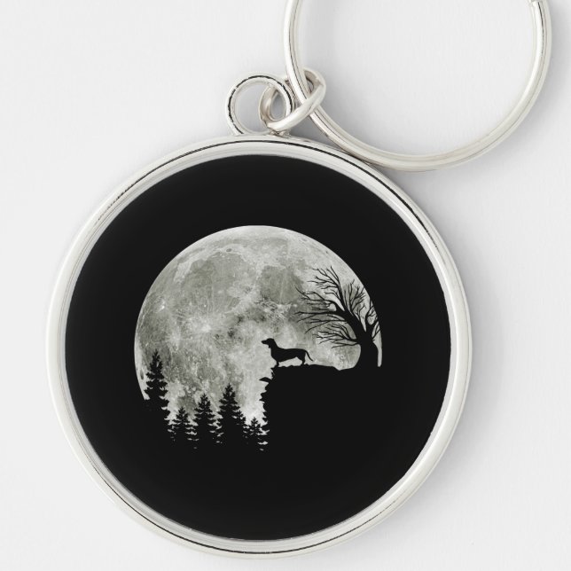 Dachshund som står på berget Moonlight Halloween Rund Silverfärgad Nyckelring (Framsidan)