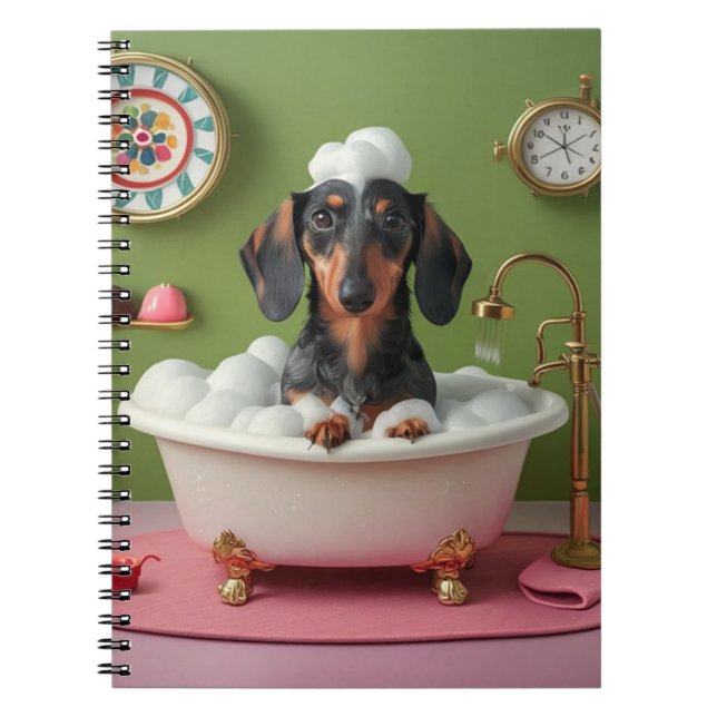 Dachshund som tar Bubble Bath i Tiny Tub Whimsical Anteckningsbok (Framsidan)