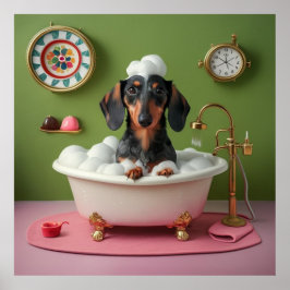 Dachshund som tar Bubble Bath i Tiny Tub Whimsical Poster