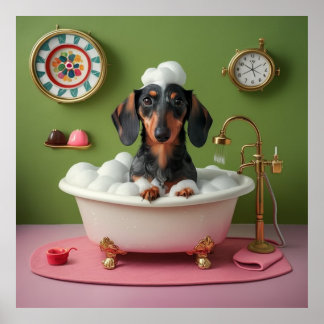 Dachshund som tar Bubble Bath i Tiny Tub Whimsical Poster