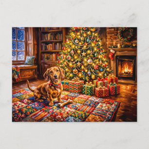 Dachshund som vilar bredvid mysig julgran eld vykort