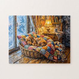 Dachshund som vilar i mysig vinterfönsterkorg pussel