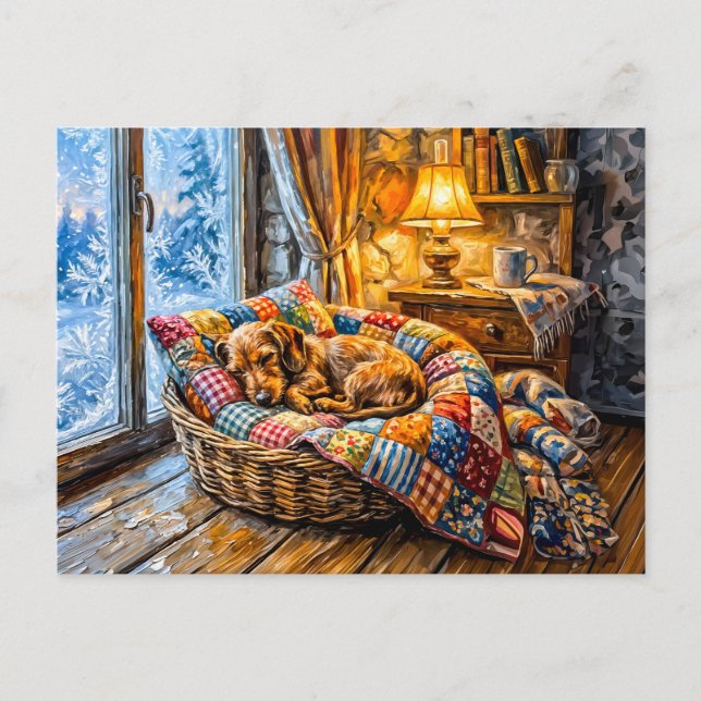 Dachshund som vilar i mysig vinterfönsterkorg vykort (Framsida)