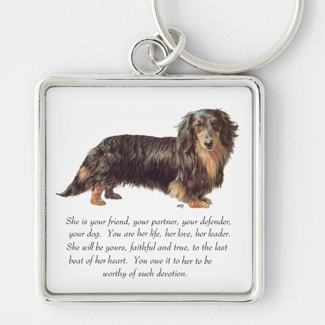 Dachshund-souvenir - hona fyrkantig silverfärgad nyckelring (Framsidan)